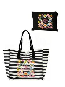 Large-Capacity, Retro-Style Tote Bag Featuring Stripes And Cute Letter Prints-Perfect For Women And An Excellent Gift Choice. - Multicolor - View 12