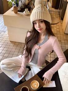Sweater Rajut Leher Halter 2-in-1 Motif Bunga 3D untuk Wanita, Desain Musim Gugur/Dingin, Ramping, Elegan, Niche, Lengan Panjang, Atasan Pullover - Berwarna merah muda - View 1