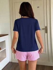 2pcs Women's Floral Plant English Healing Print Short Sleeve Top And Shorts Set, Comfortable Classic Crew Neck, Exquisite Soft Skin-Friendly Breathable Knit Fabric, Pullover Design Easy To Put On And Take Off, Soft Pink And White Vertical Stripes, Elastic Waistband, Loose Fit, Flattering For All Body Types, Suitable For Daily Wear, Lounging, Outings, High-Value Women's Pajama Set, All-Season Casual Homewear - Multicolor - View 3