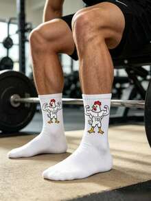 1/2/3 Pairs Fitness Muscle Rooster Cartoon Pattern Mid-Calf Socks, Funny Quirky Style, Men's Sports Mid-Calf Socks, Versatile Couple Socks, Suitable For All Seasons - Black and White - View 3