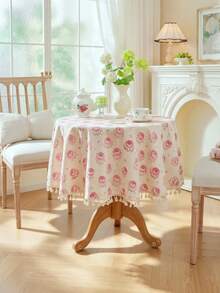 1pc Vintage Pink Rose Floral Print Tassel Round Tablecloth, French Country Style Decorative Tablecloth, Suitable For Dining Table, Home Kitchen, Party Decoration - Pink - View 2