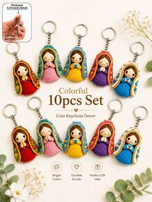 10pcs Colorful Crochet Style Virgin Mary Keychain, 2D Flat Acrylic Floral Praying Girl Pendant, Cute Religious Faith Bag Charm, Car Key Chain Accessory, Suitable For Daily Commute, Church Gathering, Baptism, Religious Memorial, Holiday Party And Faith Gift - Multicolor - View 11