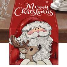 1pc Christmas Table Runner, Red Background With Santa Claus, Reindeer, Merry Christmas Letter And Snowflake Print, Suitable For Holiday Dining Table Home Decor, Accessories Not Included - Red - View 9