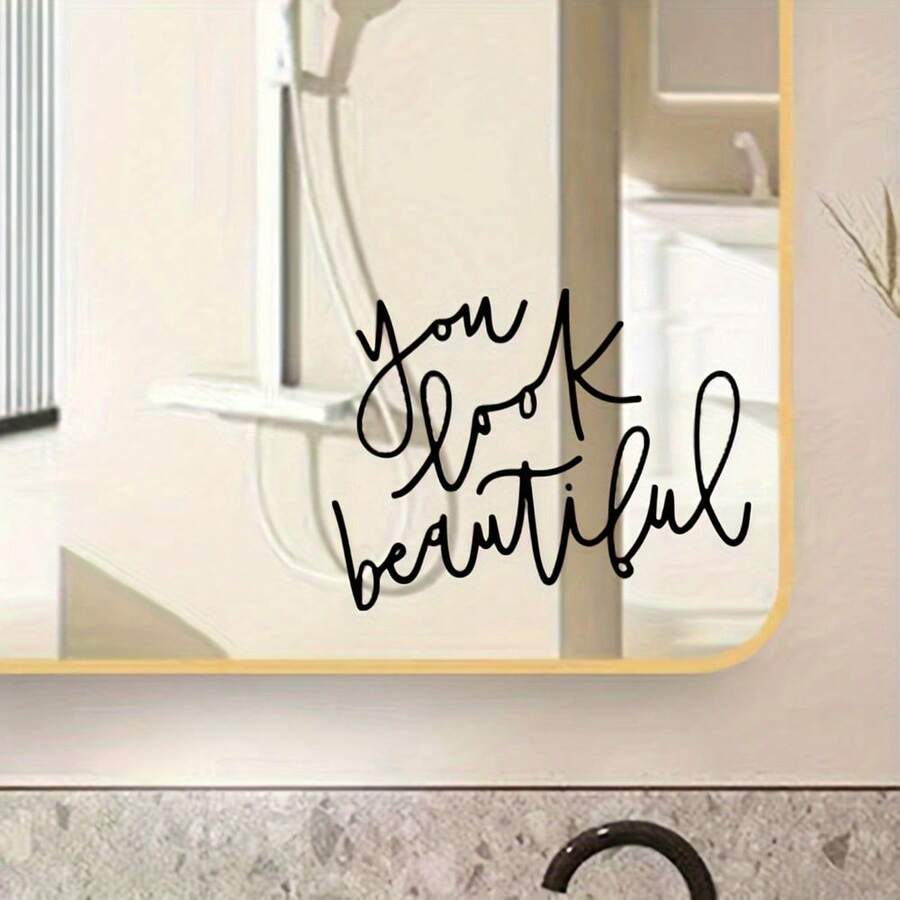 1pc You Look Beautiful Inspirational Quote Vinyl Sticker, Handwritten Text Motivational Decal For Mirror Wall Bathroom Bedroom Home Glass Decor - Black - View 1