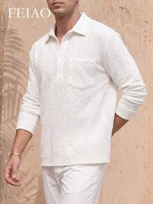 FEIAO Men's Retro "Old Money" Style Long-Sleeve Shirt With 3D Texture-Casual, Stylish, And Versatile For Commuting; Perfect For Both Fall And Winter - White - View 5