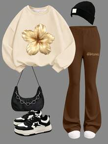 2pcs Girls Sweatshirt + Flare Pants Set, Gold Cherry Print, Soft Fabric, Sweet Casual Daily Outfit - Apricot - View 2