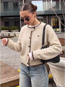 Women's Loose Knit Cardigan, Round Neck Contrast Trim Button Front Cardigan, Thanksgiving Christmas - Apricot - View 2