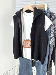Autumn/Winter New Soft Coffee-Colored Ribbed Knit Vest With Double Zippers, Sleeveless Camisole, Commuter Casual Layering Essential - Black and White - View 2