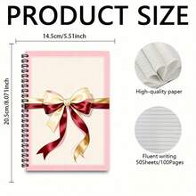 1pc Pink Edge Vintage Ribbon Bow Pattern Spiral Notebook, Gentle Girly Style Student Writing Notebook, School Use, Office Recording Essential, Back To School Must-Have - A - View 2