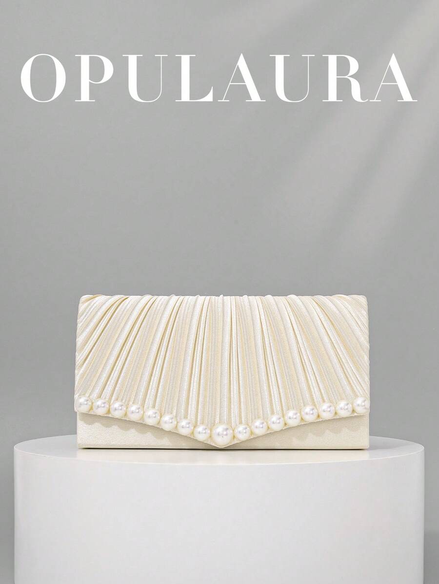 OpulAura 女士优雅缎面仿珍珠手提包,浪漫婚礼手包,精致迷人的晚礼服配饰,褶皱设计,优雅手拿包,适合晚宴、生日派对、节日礼物等正式场合。 - 杏色 - 查看 1