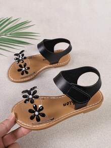 Cute Girls' Black 3D Flower Sandals, Criss-Cross Elastic Ankle Strap, Open Toe Kids' Summer Shoes, Suitable For Party, Daily, Vacation - Black - View 2