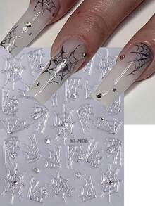 2 Folhas de Adesivos Metálicos Prateados de Teia de Aranha para Halloween, Padrão de Teia de Aranha 3D Oca Autoadesiva, Decorado com Strass, Estilo Gótico Assustador, Acessórios de Decoração de Arte de Unhas com Tema de Halloween para Mulheres DIY - Prata - Visão 2