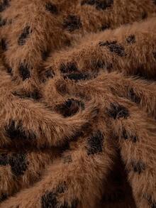 Camel Leopard Fuzzy Half Zip Lapel Collar Long Sleeve Knit Pullover Women Chic Y2K Homecoming Christmas Halloween Back To School Fall Winter - Brown - View 7