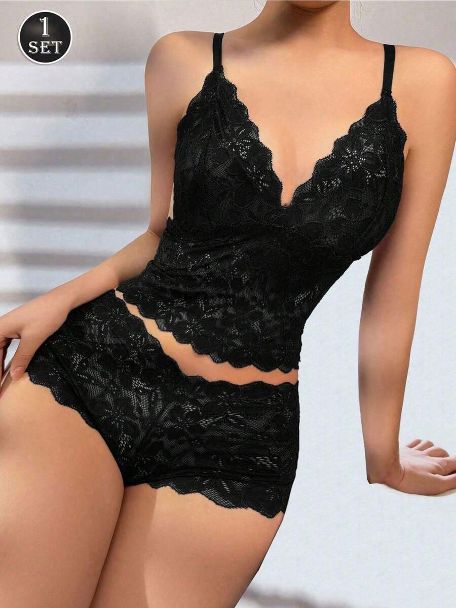 1 Set Women's Wireless Lace Embroidered Floral Bra And Panty Set