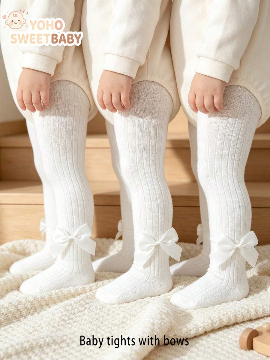 3/1pc Women Baby Bowknot Tights, Spring/Autumn Ribbed Vertical Stripe Leggings, Newborn Infant Princess Style Versatile Elastic Tights - White - View 1