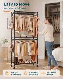 Clothes Rack, Heavy-Duty Garment Rack With Shelves & Wheels, Freestanding Wardrobe Organizer With Hooks, Ideal For Bedroom, Laundry, Or Balcony, 32.5" X 11.9" X 78.9" - Black - View 5