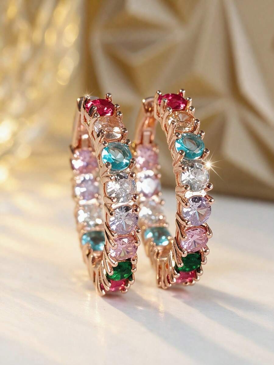 CHICAT 1 Pair Elegant Colorful Crystal Pink Rainbow Synthetic Cubic Zirconia Hoop Earrings - Shiny Luxury Wedding Birthday Party Jewelry - Rose Gold - View 1