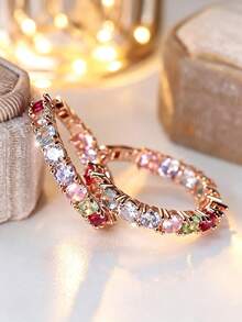 CHICAT 1 Pair Elegant Colorful Crystal Pink Rainbow Synthetic Cubic Zirconia Hoop Earrings - Shiny Luxury Wedding Birthday Party Jewelry - Rose Gold - View 3