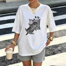 Street Cotton Oversized Short Sleeve Top, Quirky Sleeping Cat Pillow Print Loose Tee For Travel Occasion - White - View 1