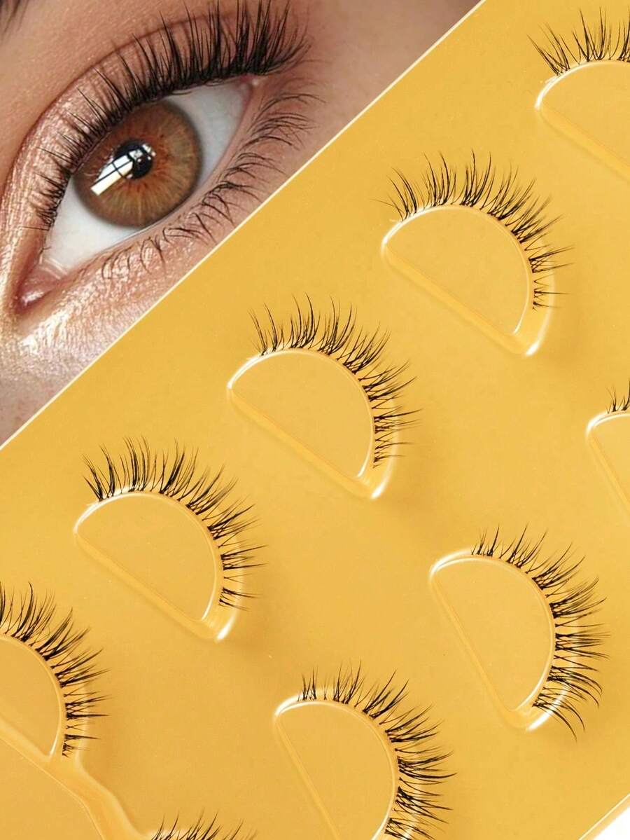 5 Pairs Transparent Stem Cat Eye 3D Faux Mink False Eyelashes, Short Soft Natural Curl Reusable Thin Invisible Lash Band, Suitable For Small Eyes To Create Natural Long Lash Look, Perfect For Daily And Date Makeup - Black - View 1
