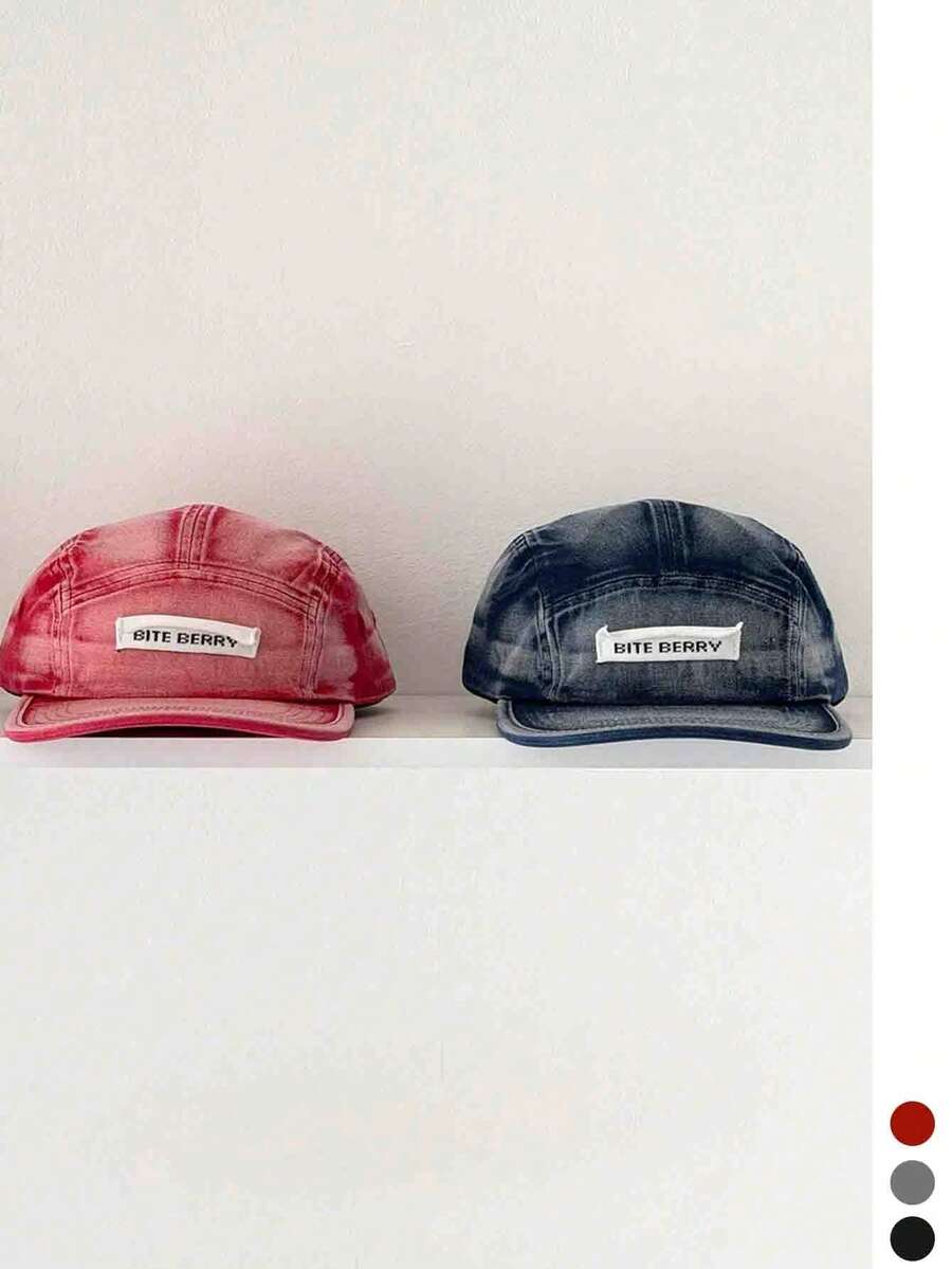 1件 Soft Crown 新款紮染飾邊平帽簷棒球帽,中性時尚百搭街頭遮陽尖頂帽,復古水洗做舊短帽簷字母貼布棒球帽 - 多色 - 查看 1