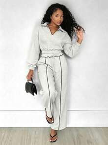 RNU Women's Light Gray Lapel Half-Zip Sweatshirt 2 Pieces Set, Autumn/Winter Style, Cropped Waist Top With Contrast Color Drawstring Wide Leg Pants, Side Pockets Design, Loose Lantern Sleeves, Casual American Style, Comfortable For Daily Wear, Shopping And Home - Light Grey - View 7