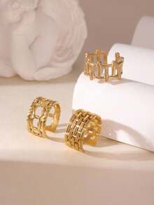GEREIT 3pcs 18K Stainless Steel Hollow Circle Open Ring Set, Fashionable Daily Wear Jewelry, Mother's Day Gift For Women - Gold - View 3