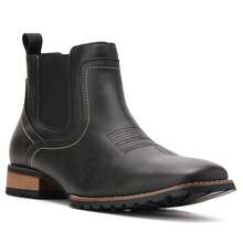 Plus Size Men Western Cowboy Chelsea Ankle Boots, Square Toe Slip‑On Faux Leather Block Heel Casual Short Boots - Black - View 2