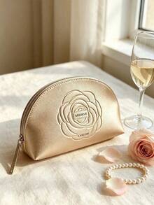 Lancôme Absolue Gold Embossed Rose Makeup Bag, Faux Leather Shell-Shaped Cosmetic Bag With Metal Logo Charm, Portable And Durable, Suitable For Personal Use And Gifting, LANCOME-GIFT-5 - Champagne - View 1