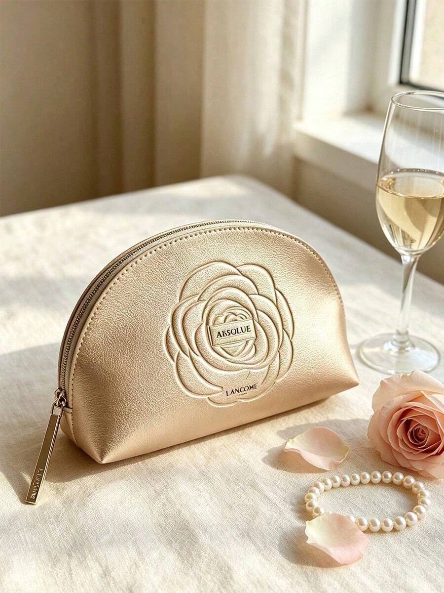 Lancôme Absolue Gold Embossed Rose Makeup Bag, Faux Leather Shell-Shaped Cosmetic Bag With Metal Logo Charm, Portable And Durable, Suitable For Personal Use And Gifting, LANCOME-GIFT-5 - Champagne - View 1