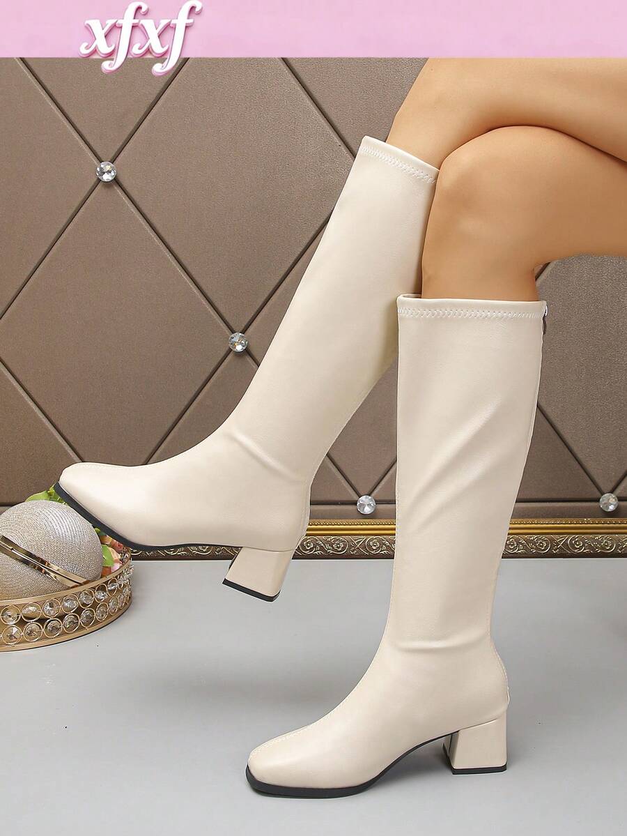 XfxfA Women's Fashion Back Zipper Chunky Heel Boots, Suitable For Street/Commute/Daily Casual Wear - White - View 1