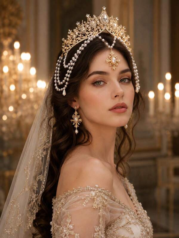 Bridal Crown Headband Luxury Gold Pearl Rhinestone Forehead Chain Tassel Vintage Royal Princess Wedding Headpiece For Prom Pageant Party
