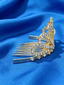 Gold Alloy Rhinestone Heart-Shaped Crown Hair Comb, Versatile Bridal Dress Hair Accessory - Gold - View 3
