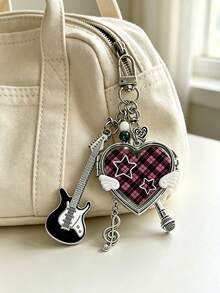 Y2k Heart-Shaped Mirror Bag Charm, Style Musical Note Guitar Pendant, Portable Heart-Shaped Mirror Keychain, Birthday Or Holiday Gifts. - Multicolor - View 2