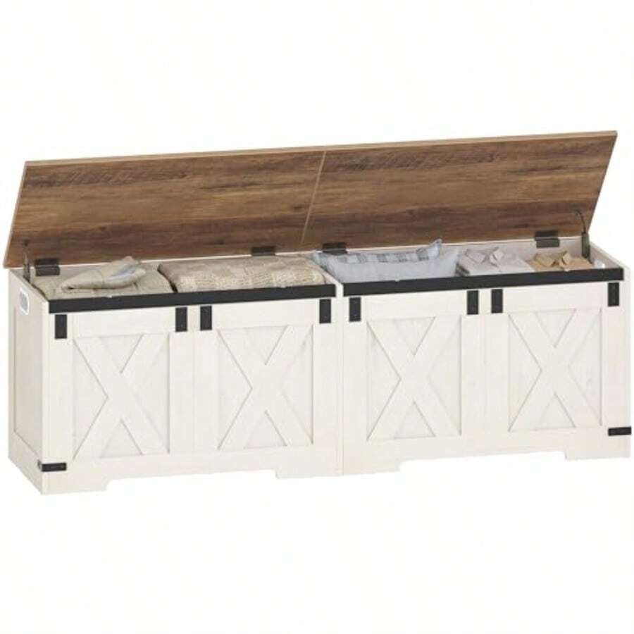 59" Farmhouse Storage Chest And Bench 70 Gal 330lb Seat - White and Brown - View 1