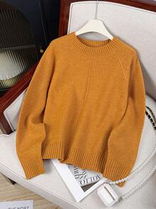 Women's Comfortable Knitted Pullover Sweater, Long Sleeve, Regular Length, Fitted Style, Mustard Yellow, Suitable For Autumn/Winter - Orange - View 6