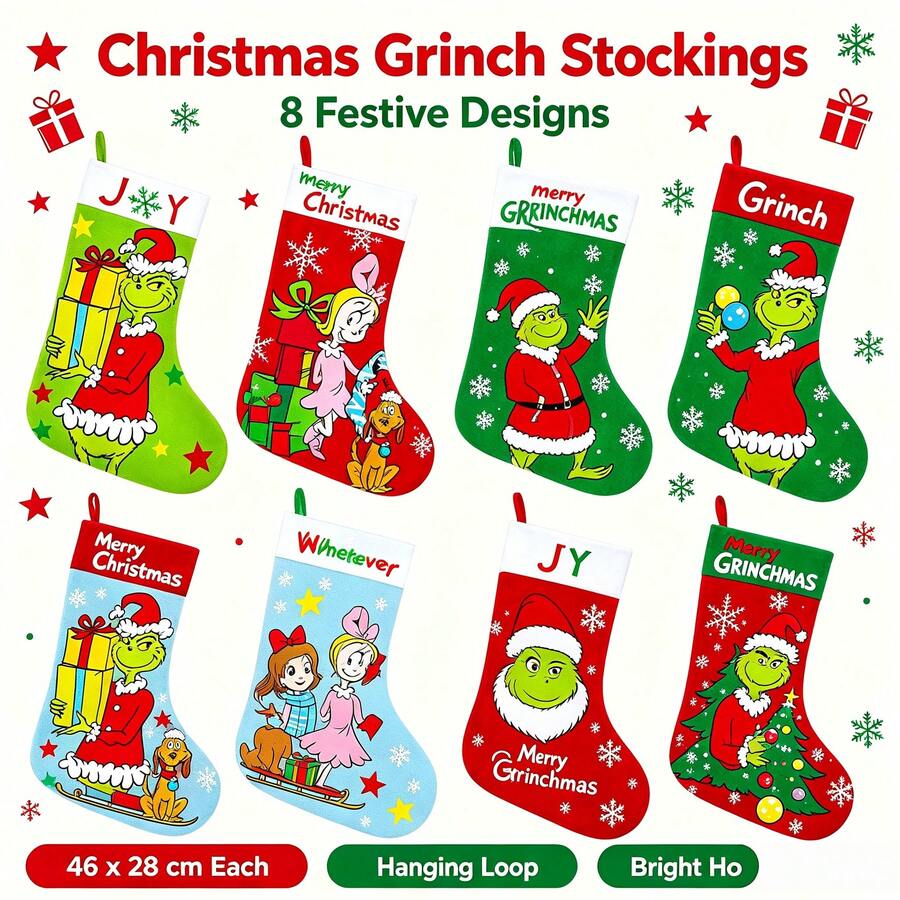 The Grinch The Christmas Stocking Set, Cartoon Printed Xmas Gift Socks, Fireplace Hanging Ornament, Holiday Party Home Decoration, Gift Bag For Candy Present - View 1