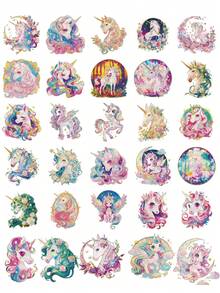 30Pcs Holographic Rainbow Unicorn Stickers, Cute Winged, Moon, Star, Cloud & Floral Decals, Waterproof Vinyl Stickers For Water Bottle, Notebook, Phone Case, Luggage, Scrapbook DIY Decor - Multicolor - View 9