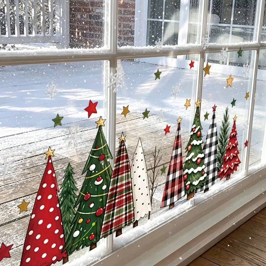 1 Set Christmas Window Stickers - Christmas Tree Pattern, PVC Static Cling - Suitable For Windows, Glass And Mirrors Decoration Stickers; Suitable For Christmas Decoration, Office Holiday Decoration, Home Decor And Store Window Display. - Multicolor - View 1