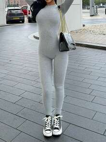 GLAMSKIN Fall Ribbed Knit Jumpsuit,Women Crew Neck Long Sleeve Full Length Bodycon High Stretch Slim Fit Solid Casual Outfit,Casual Streetwear - Floral Gray - View 6