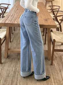 Mid-Waist Wide Leg Jeans With Waist Adjustment Buckle, Rhinestone Rolled Hem, Light Wash Loose Fit Casual - Medium Wash - View 7