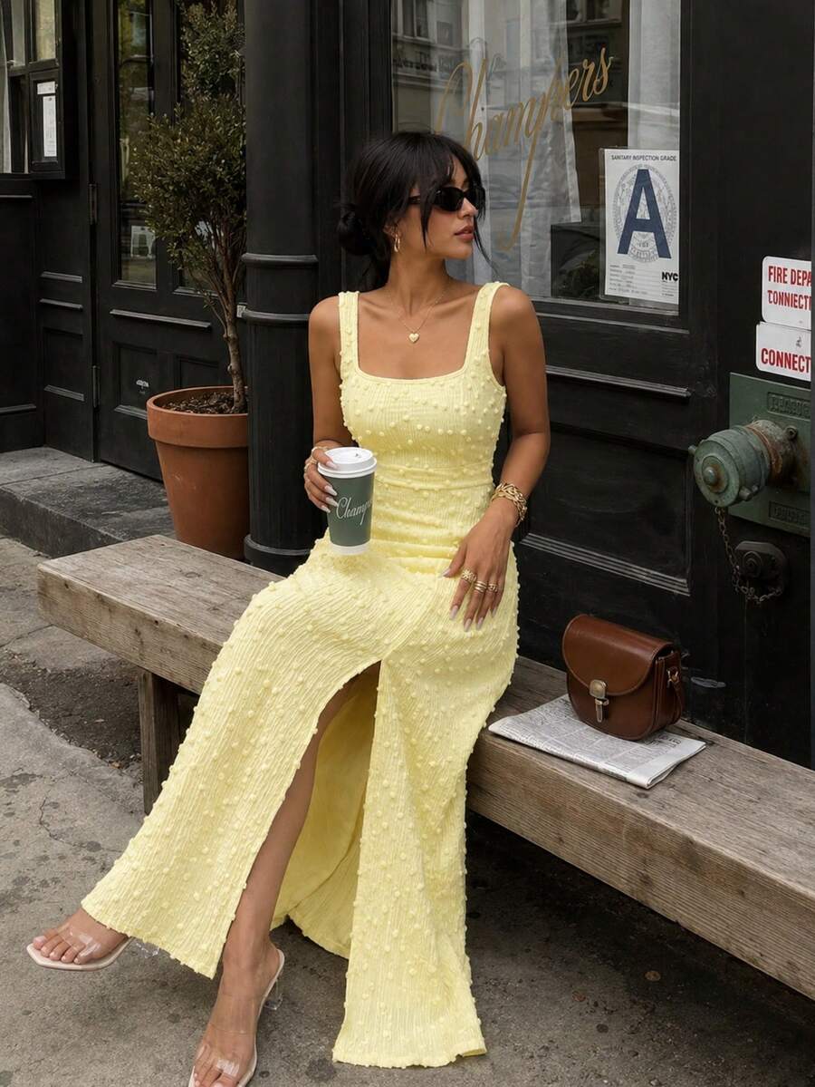 3D Polka Dot Textured Sexy Women's Dress, Summer French Pastoral Elegant Slit Women's Dress Yellow - Yellow - View 1