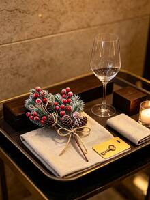 10/5/1pc Artificial Red Berry Branches, Plant Bouquet With Pine Branches And Jute Rope Bow, Suitable For Garden, Balcony, Yard Decoration, Wedding, Mother's Day, Christmas Tree Decoration, Bouquet Wreath, Holiday Decoration, Ideal For Home, Hotel And Holiday Scenes - Multicolor - View 4