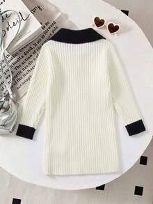 Girls' Colorblock Polo Collar Ribbed Knit Sweater Dress, Long Sleeve, Spring/Autumn New Style - Apricot - View 2
