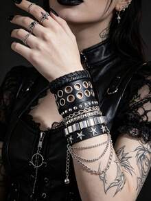 Xiacheng 1/3/4 Pcs Punk Rock Studded Bracelet, Biker Cuff | Black Leather, Adjustable Leather Cuff,Y2K Gothic, Wrap Bangle, Snap Button Gift For Halloween - Multicolor - View 4