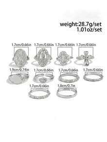 10pcs Bohemian Vintage Everyday Wear Party Gift Minimalist Aesthetic Retro Punk Hip Hop Style Crystal Cross Knuckle Rings Set, Hollow Out Virgin Mary Joint Rings, Suitable For Gatherings, Parties, Gifts, Daily Wear - Silver - View 4
