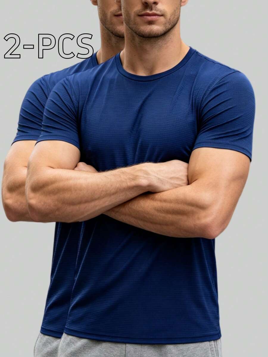 2pcs Men's Solid Color Crew Neck Short Sleeve T-Shirts, Casual Fashion Home Wear For Spring, Summer, Autumn, Suitable For Casual Wear, Daily Activities, Fitness - Multicolor - View 1