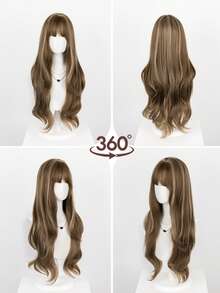 32 Inch High Gloss Platinum Brown Long Wavy Synthetic Wig With Bangs, Heat Resistant Loose Curly Hair For Women, Adjustable Wig Cap, Suitable For Daily Wear, Party, Cosplay - Multicolor - View 7