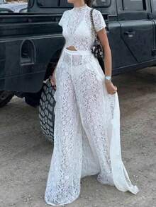 1pc Solid Color Lace Hollow Out Long Pants For Date Autumn - White - View 5