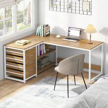 LITTLE TREE Desk With 4 Drawers, L-Shaped Computer Desk With 2 Shelves - L - View 4